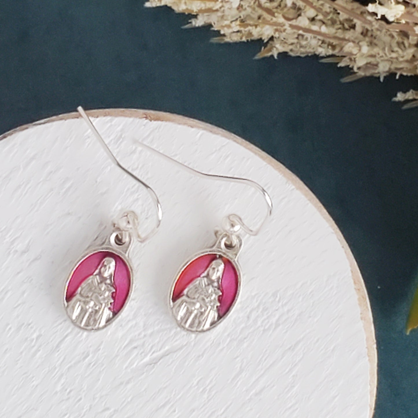 St. Therese Pink Enamel Earrings