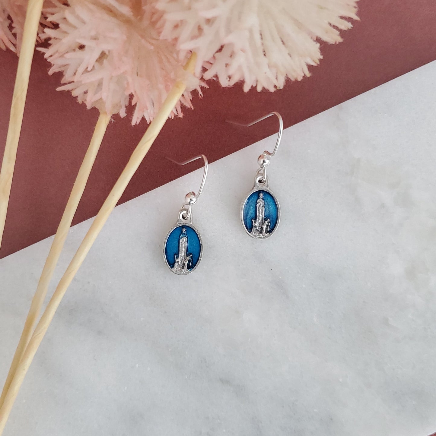 Our Lady of Fatima Medal Blue Enamel Earrings