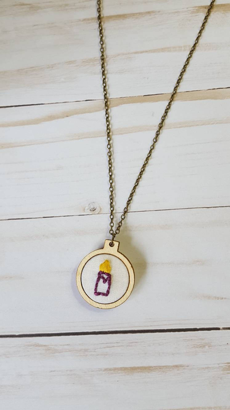 Purple Candle Embroidered Memorial Necklace