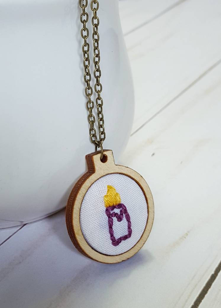 Purple Candle Embroidered Memorial Necklace