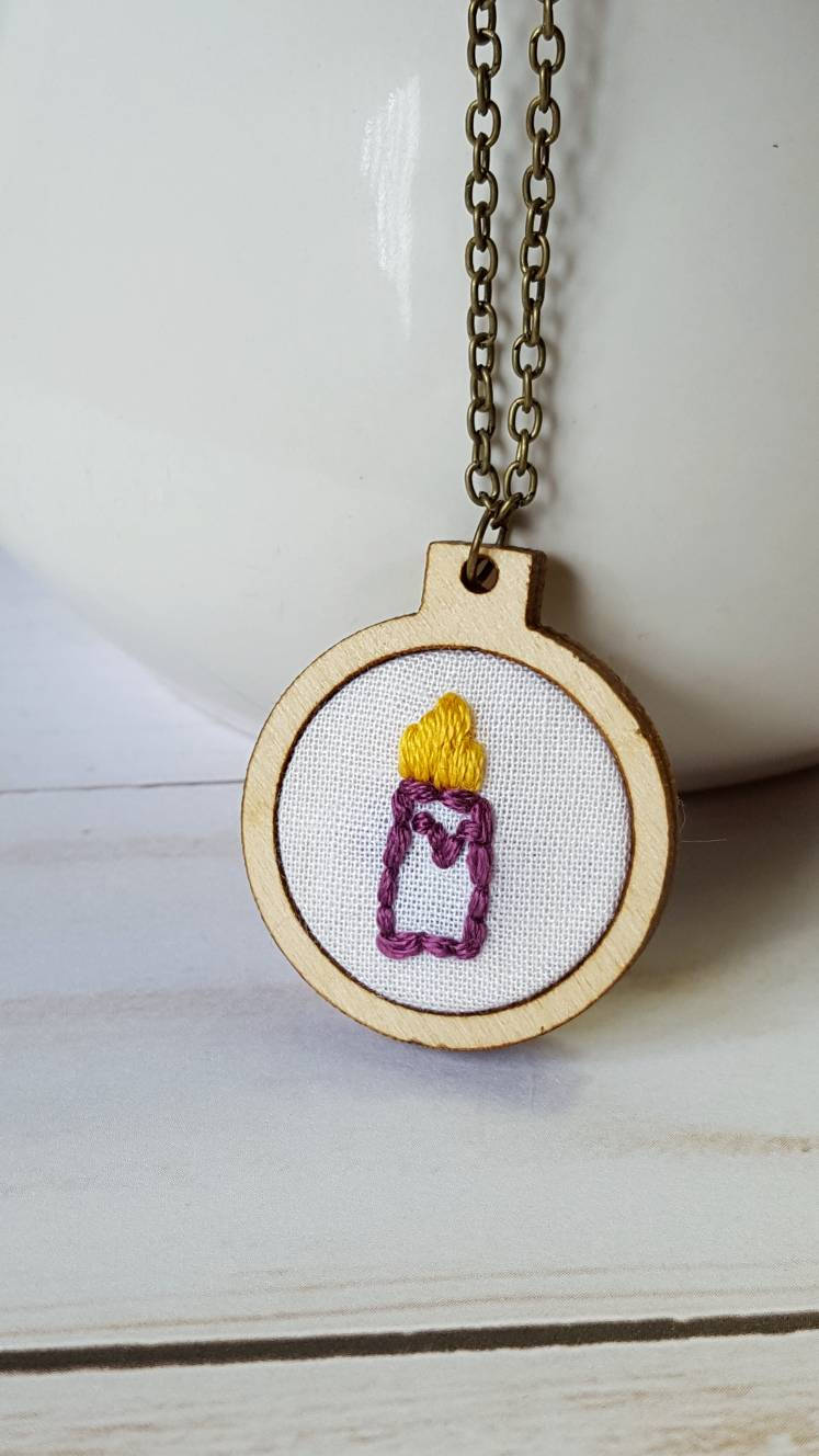 Purple Candle Embroidered Memorial Necklace