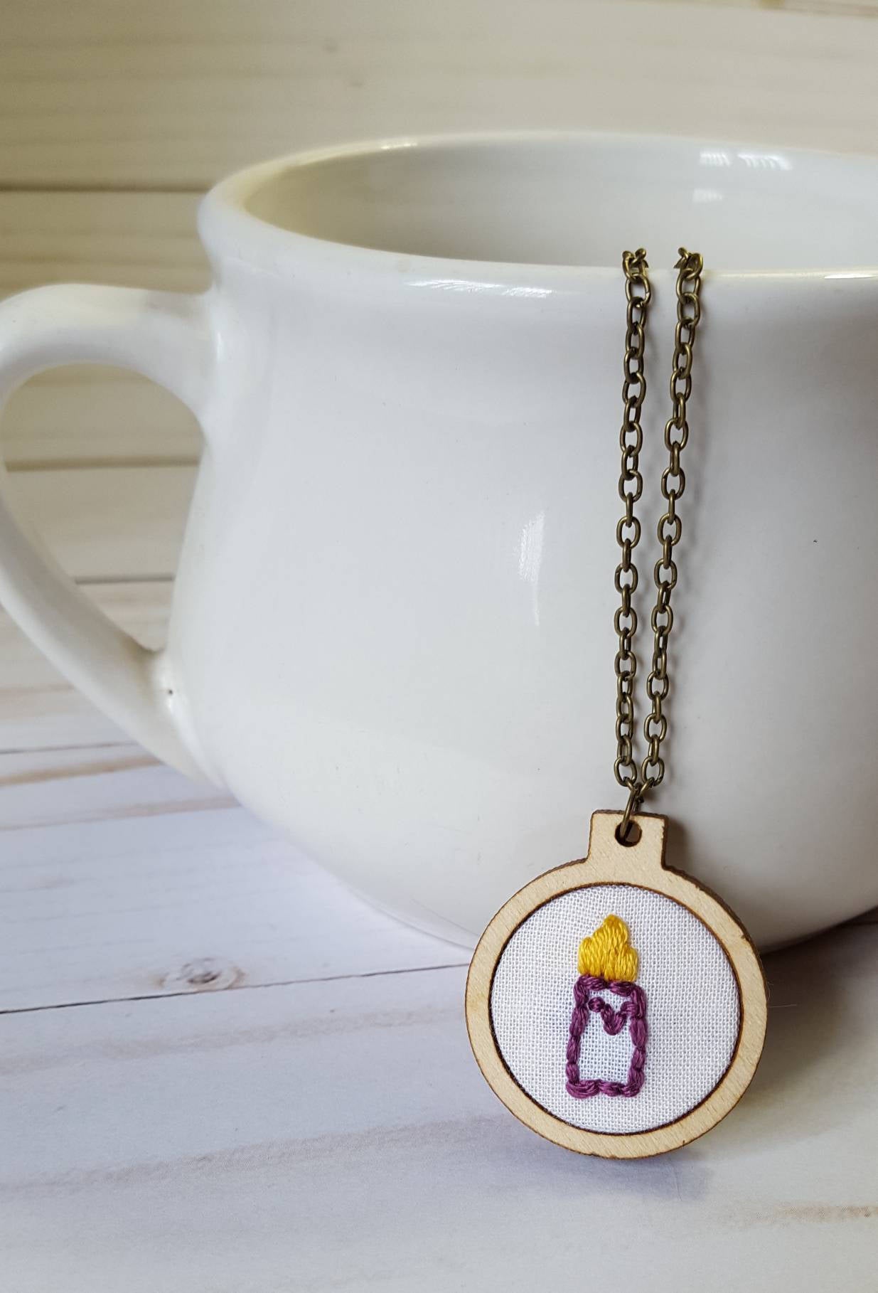Purple Candle Embroidered Memorial Necklace