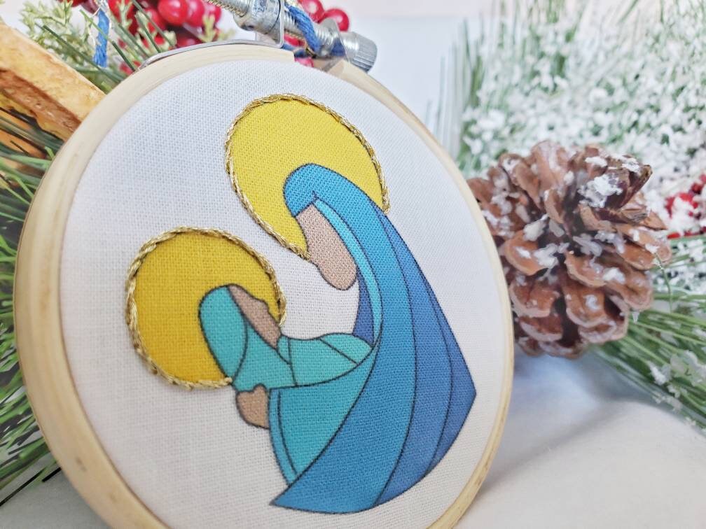 Madonna and Child Christmas Ornament 3 inch Embroidery Hoop