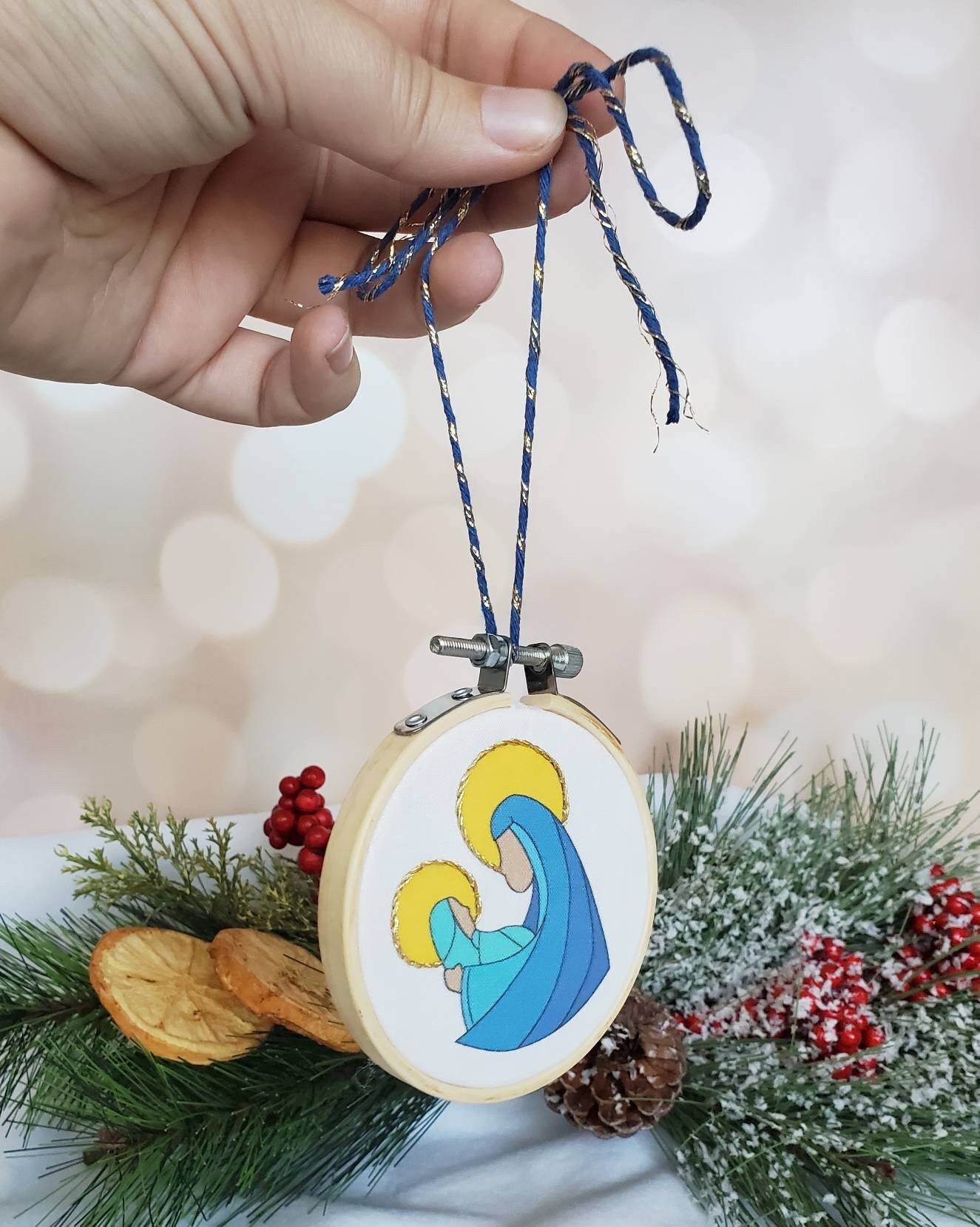 Madonna and Child Christmas Ornament 3 inch Embroidery Hoop