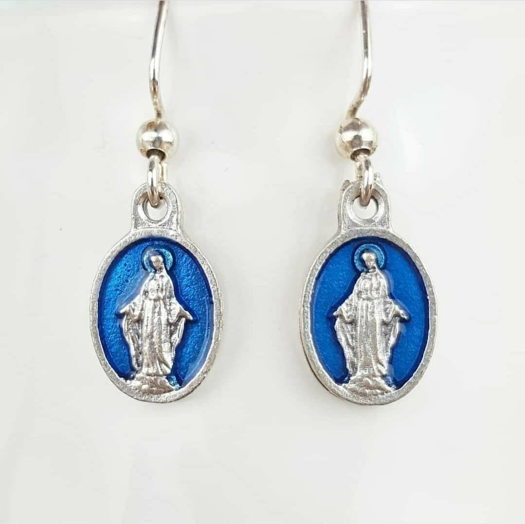 Miraculous Medal Blue Enamel Earrings