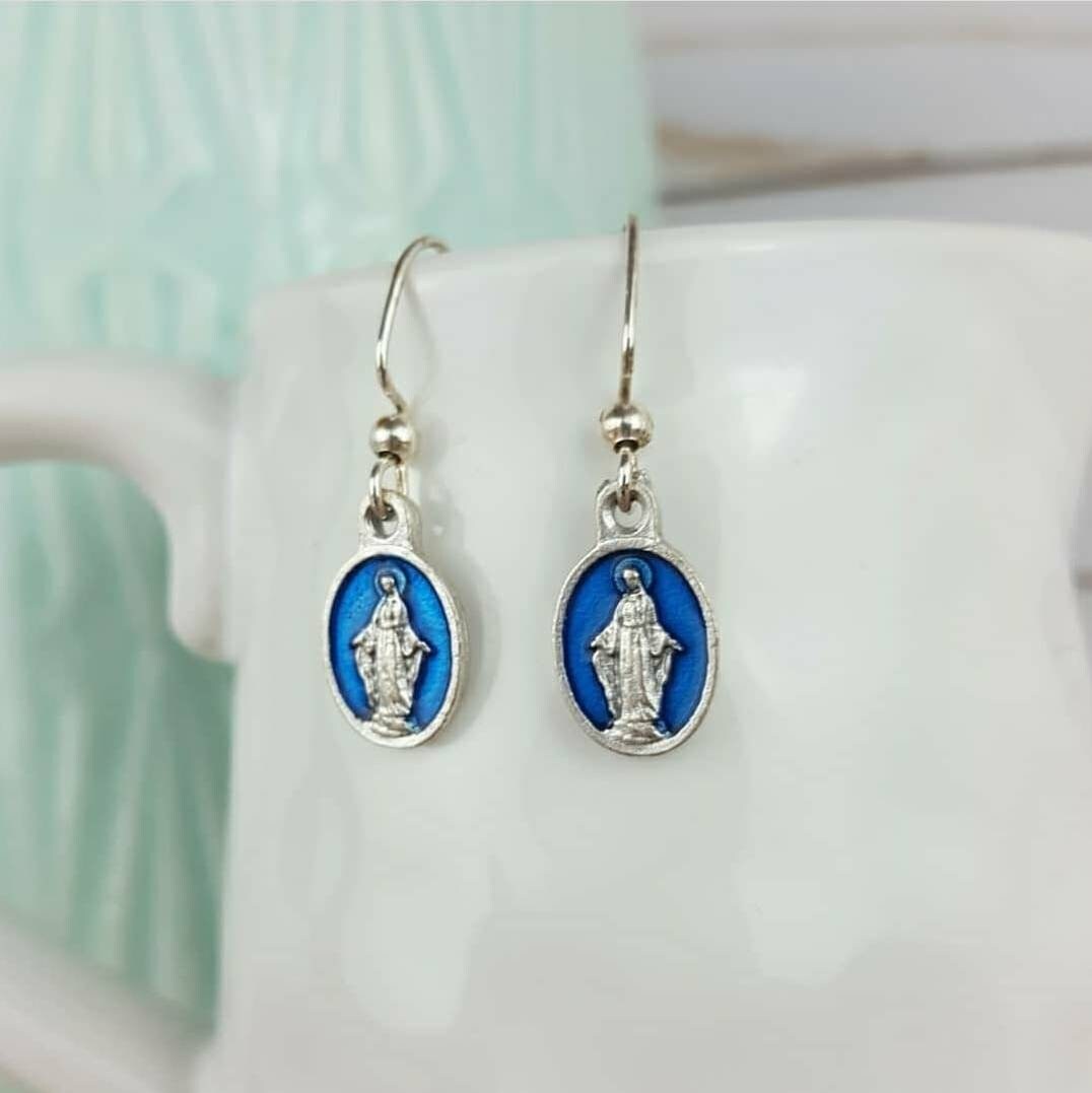 Miraculous Medal Blue Enamel Earrings