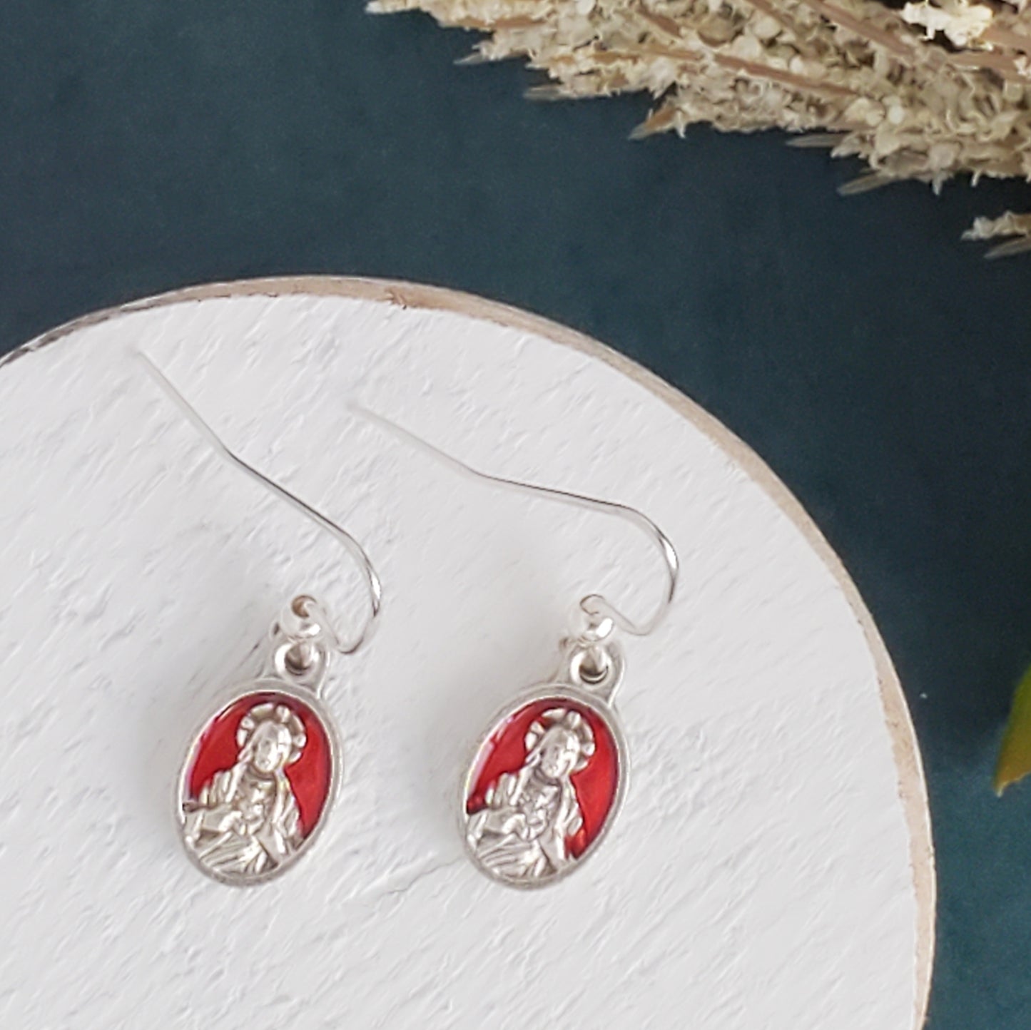 Sacred Heart of Jesus Red Enamel Earrings