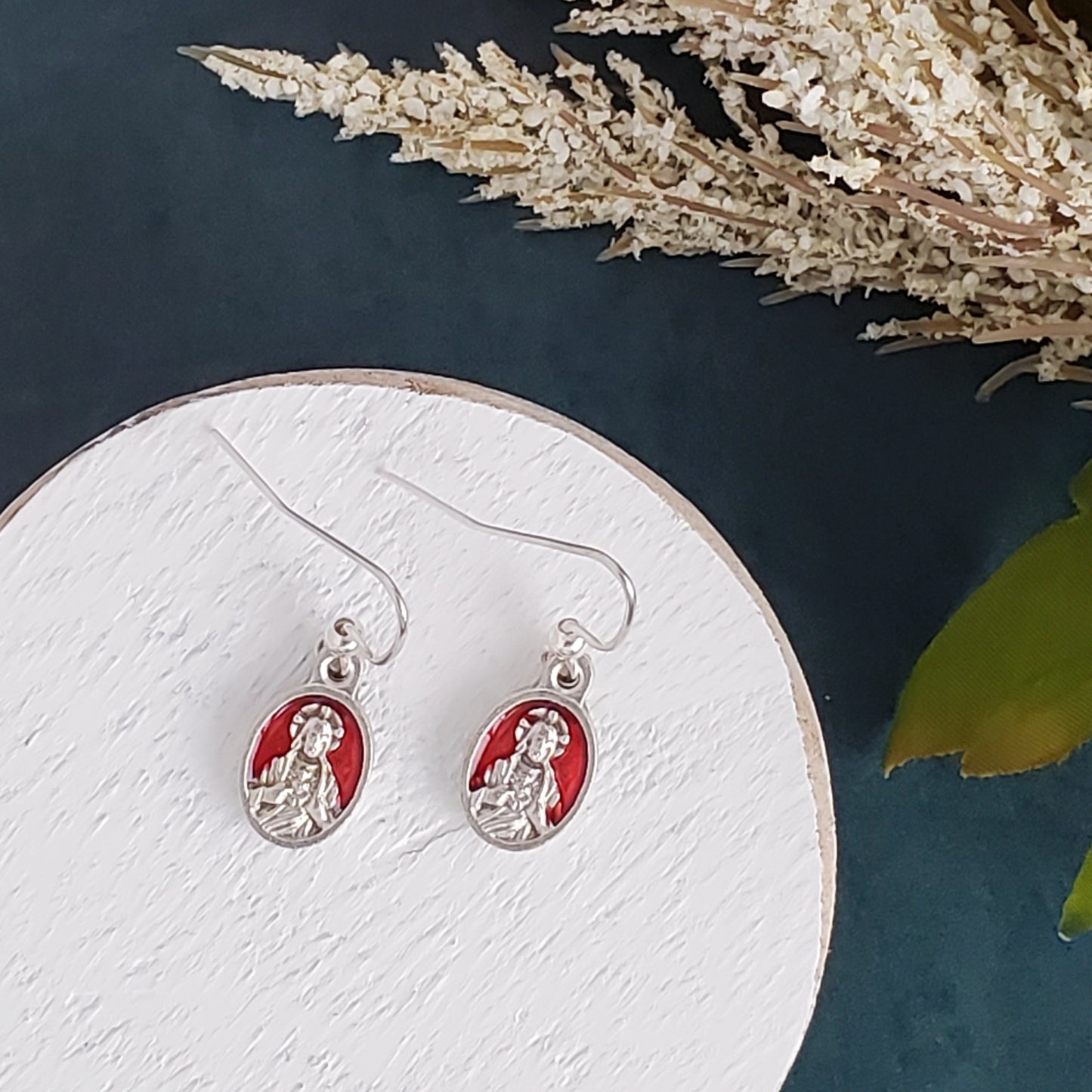 Sacred Heart of Jesus Red Enamel Earrings
