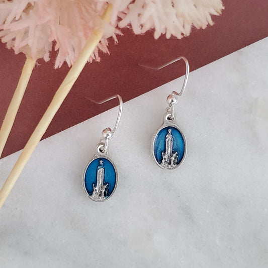 Our Lady of Fatima Medal Blue Enamel Earrings
