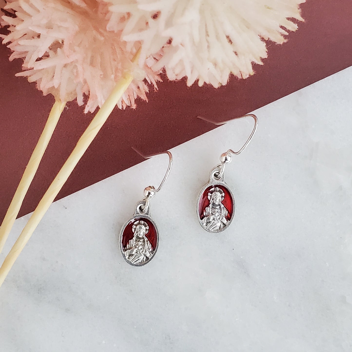Sacred Heart of Jesus Red Enamel Earrings