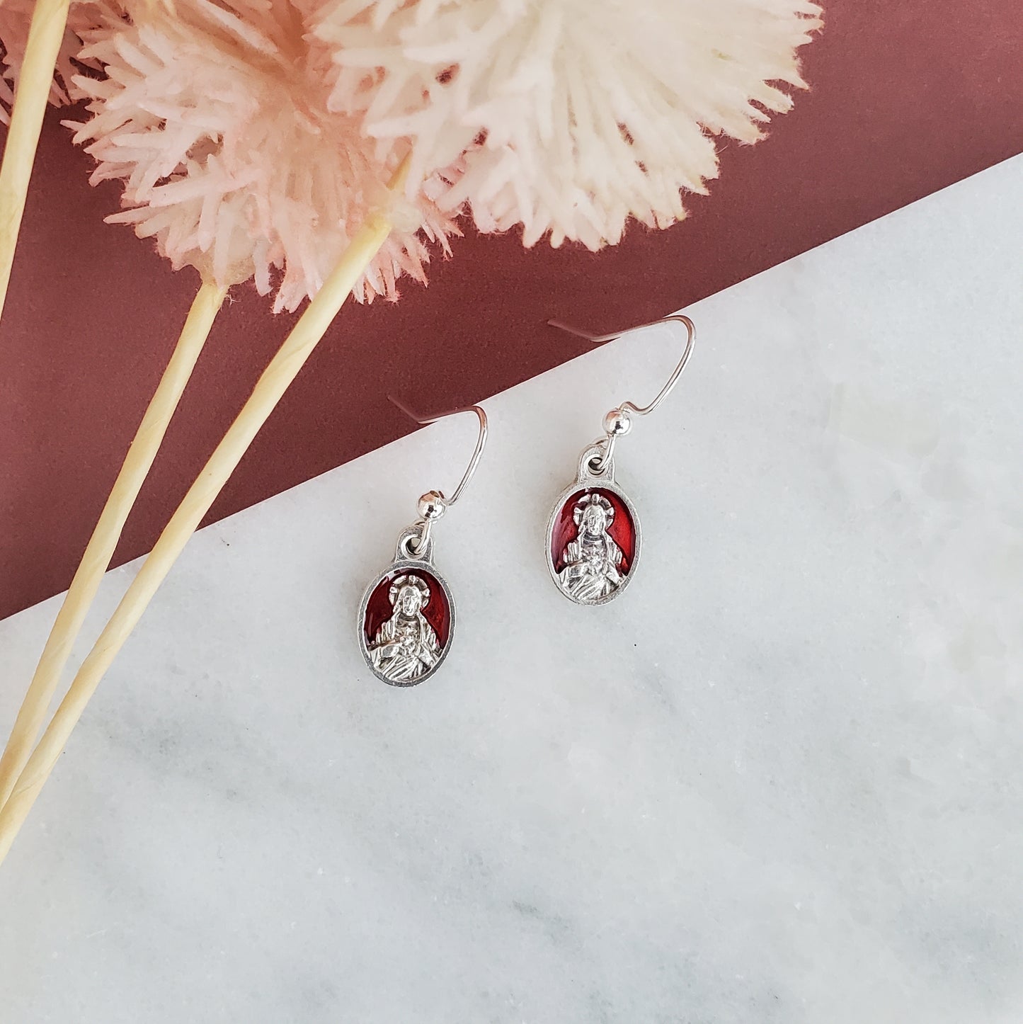 Sacred Heart of Jesus Red Enamel Earrings