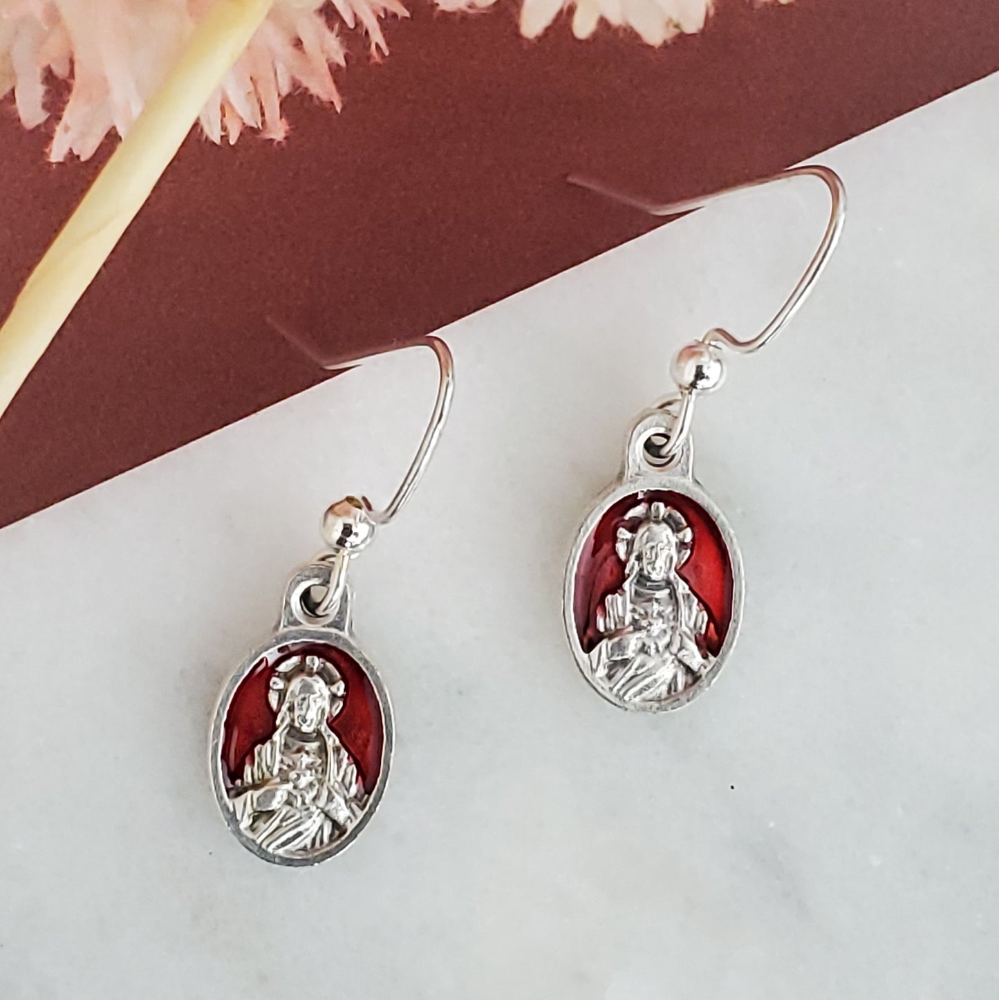 Sacred Heart of Jesus Red Enamel Earrings