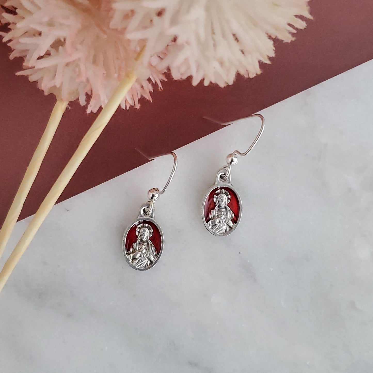 Sacred Heart of Jesus Red Enamel Earrings
